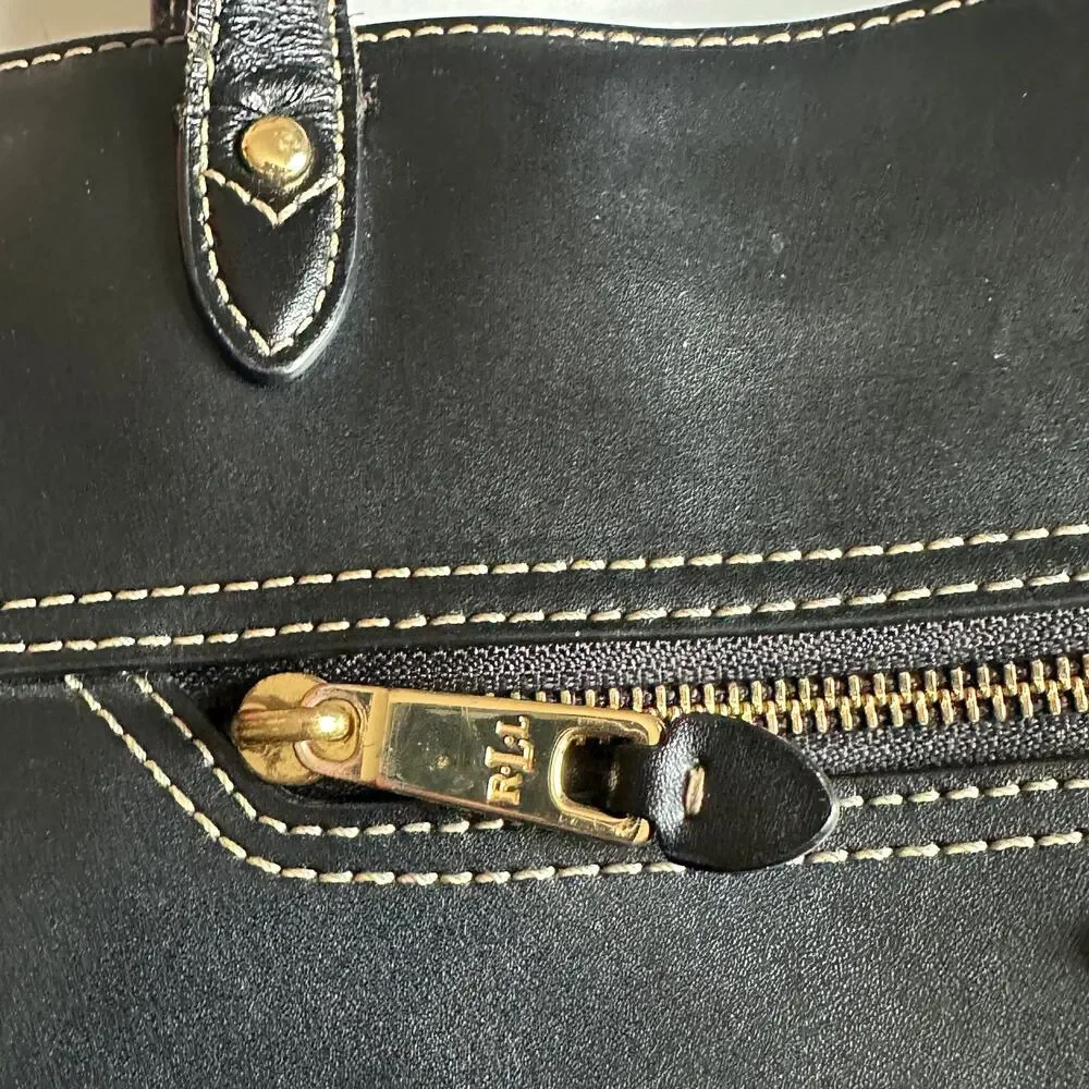 Lauren Ralph Lauren Tote Black Cow Leather Bag Old Money Preppy Handbag Purse